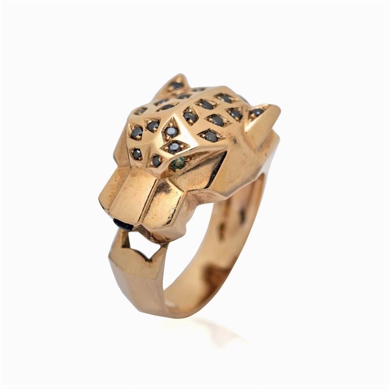 Anello Pantera in Oro Giallo 14kt e Diamanti Neri