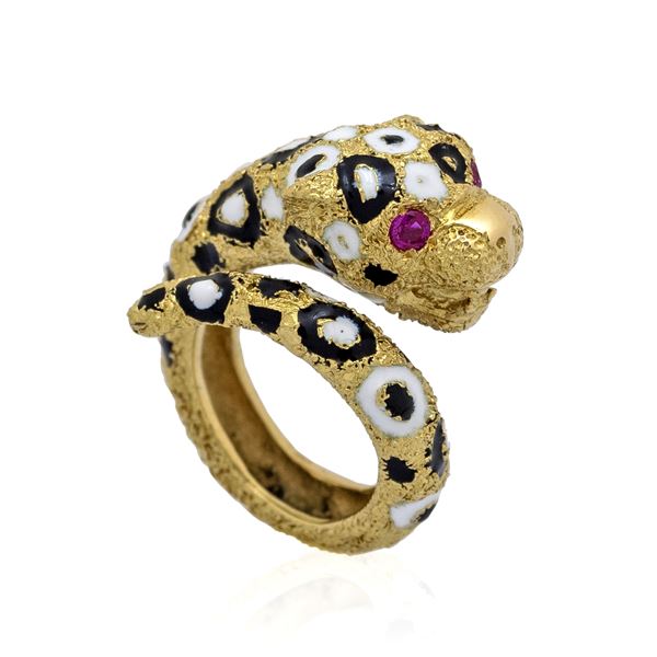 18kt yellow gold and enamels panther ring