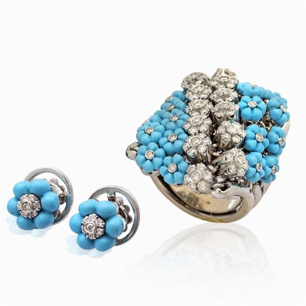 Parure en tremblant in oro bianco 18kt turchesi e diamanti