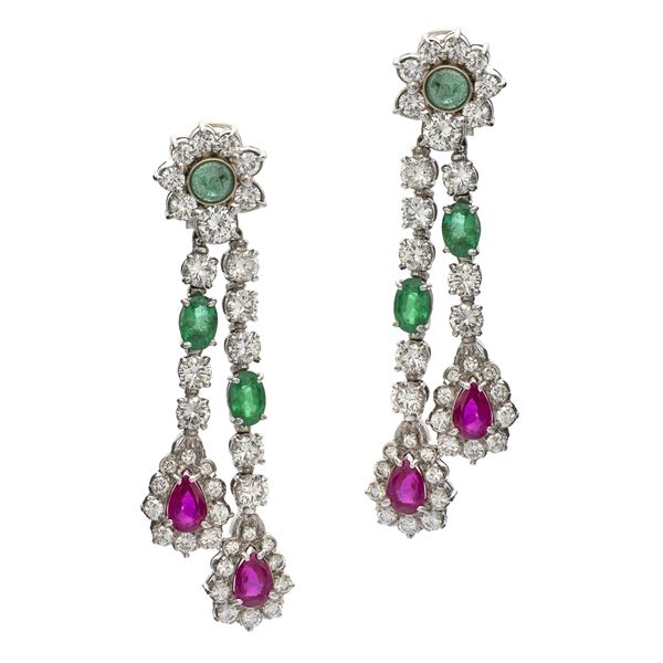 18kt white gold diamonds, rubies and emeralds Pendant earrings