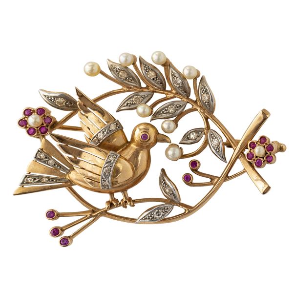 Dove shaped brooch with palm tree and flowers