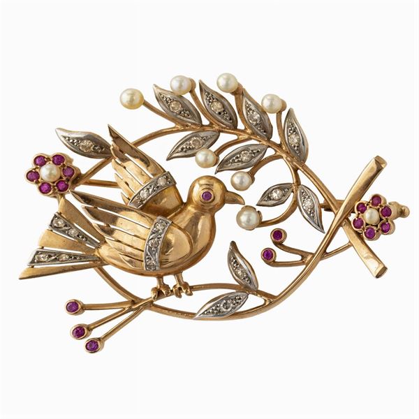 Spilla colomba della Pace con palma e fiori  (anni 40/50)  - Asta GIOIELLI  OROLOGI  FASHION VINTAGE - Colasanti Casa d'Aste