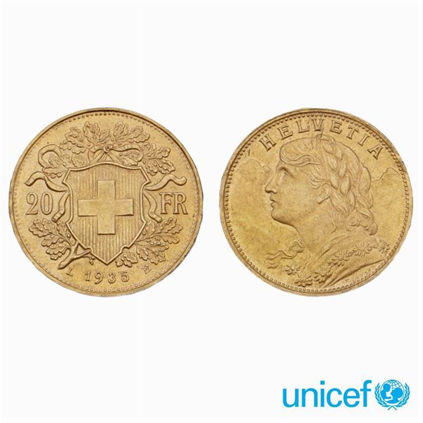 5 Marenghi oro "Helvetia" 20 Franchi  (Svizzera 1935)  - Asta MONETE E MEDAGLIE  ASTA A TEMPO ONLINE - Colasanti Casa d'Aste