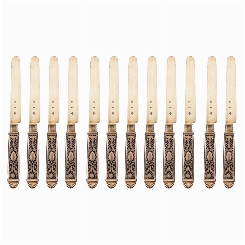 Set di Coltelli in Argento Dorato e Legno (12)