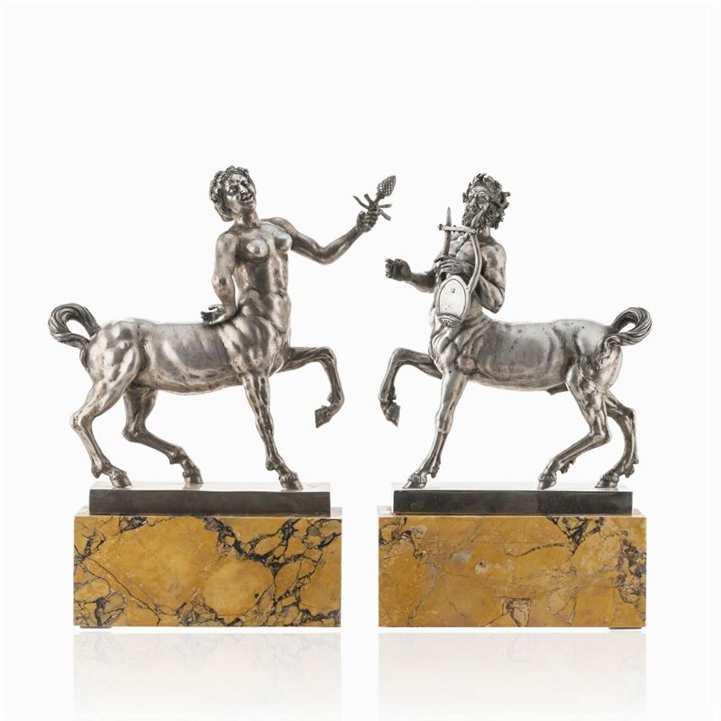 Coppia di Sculture in Argento e Marmo