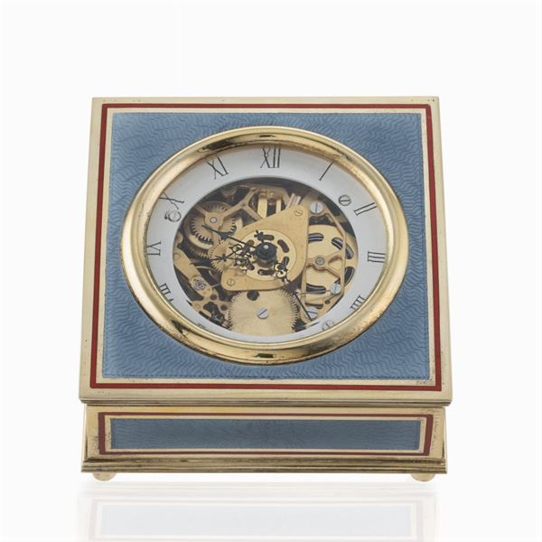Orologio da tavolo in argento dorato e smalto policromo
