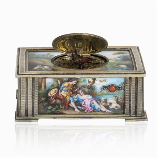 Gilded silver and polychrome enamel musical box