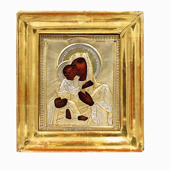Icona raffigurante la Madonna Di Vladimir con riza in argento