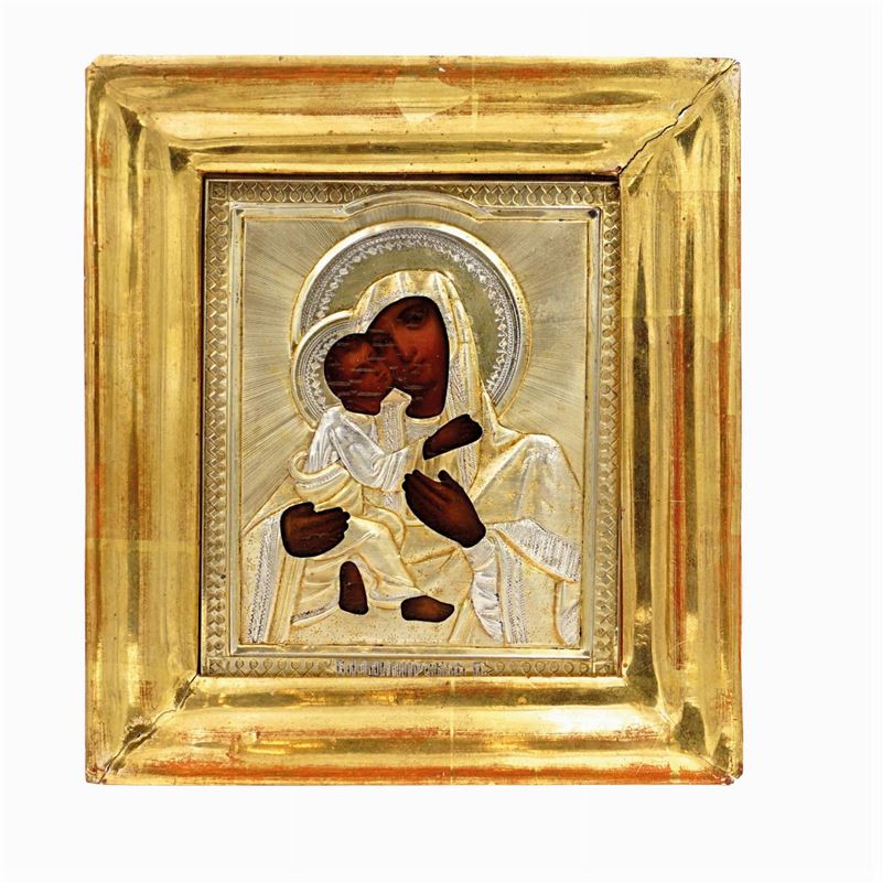 Icona Raffigurante la Madonna di Vladimir con Riza in Argento