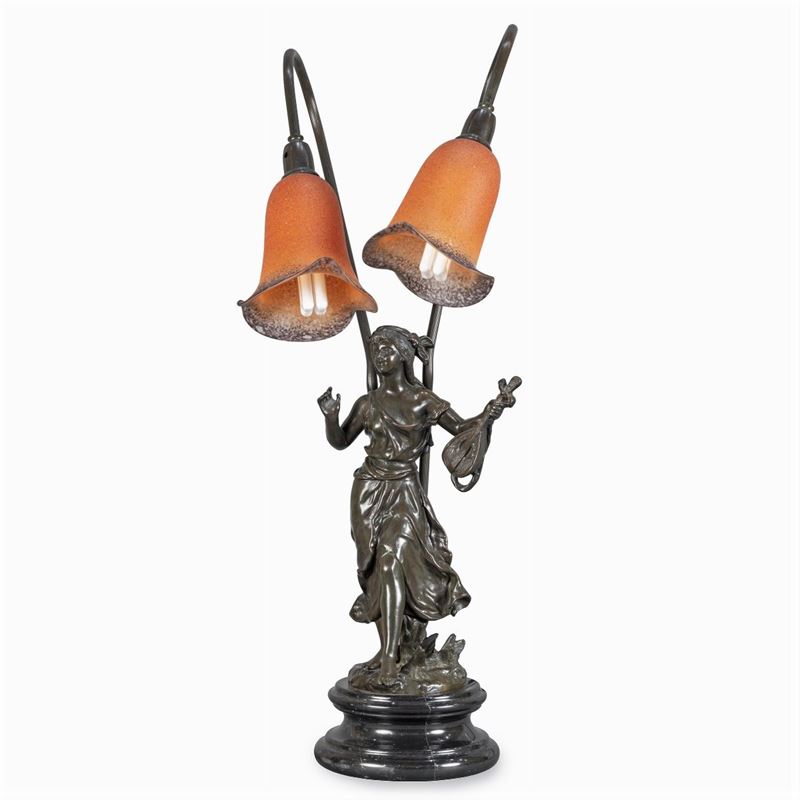 Lampada da Tavolo in Bronzo a Due Luci