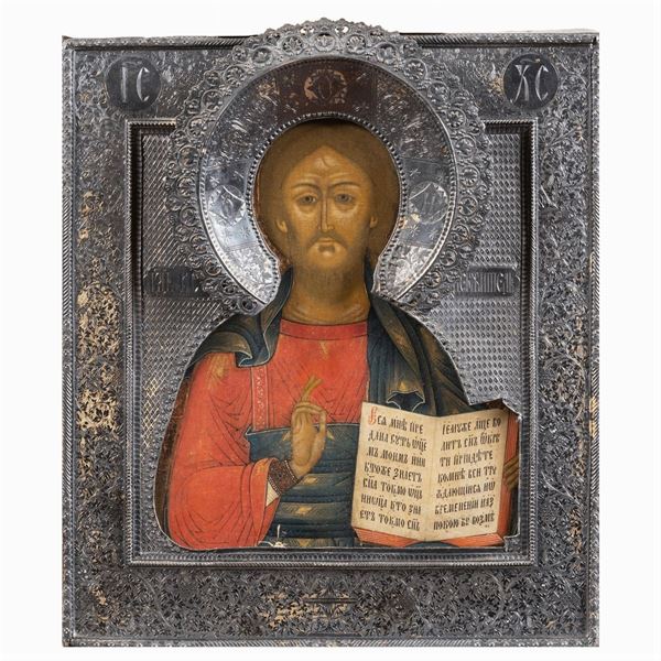 Icon depicting Christ Pantocrator, with silver riza