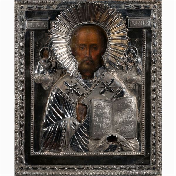 Icon depicting St. Nicholas with silver riza
