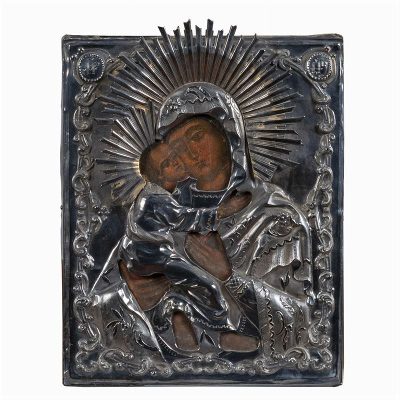 Icona Raffigurante la Vergine di Vladimir con Riza in Argento