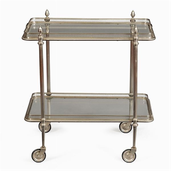 Carrello portavivande in metallo argentato e vetro