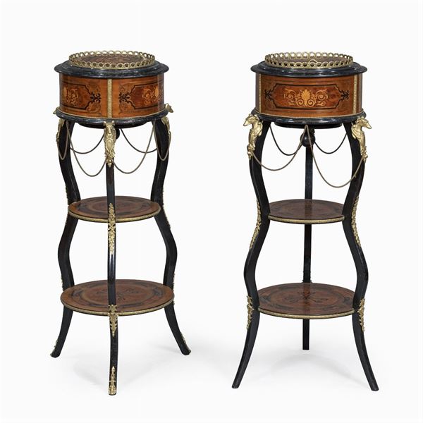 Pair of  wood and bronze planters
