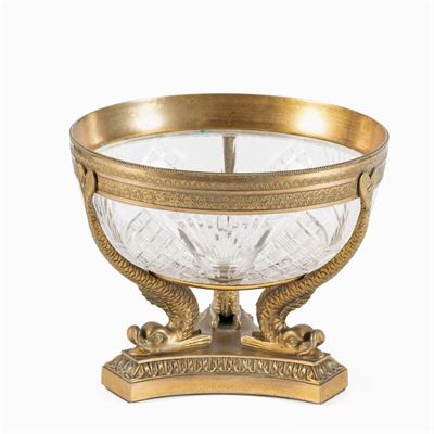 Alzata Centrotavola in Bronzo Dorato e Cristallo Molato