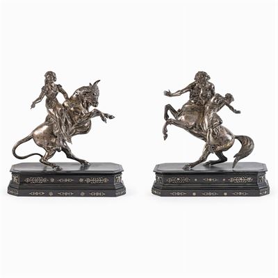 Coppia di Sculture in Argento e Pietre Semipreziose