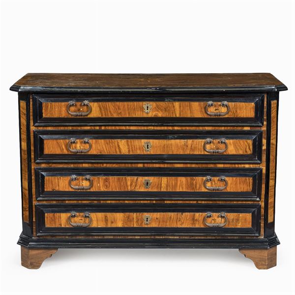 Walnut and olive wood chest of drawers