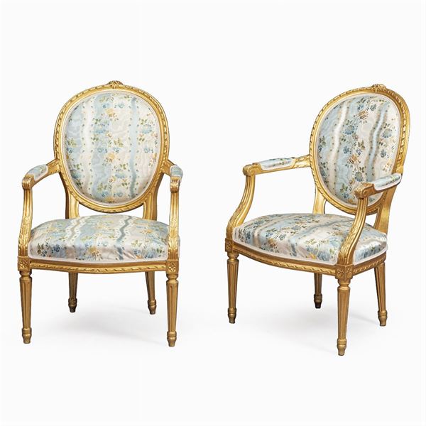 Three gilded wood armchairs and a stool (4)