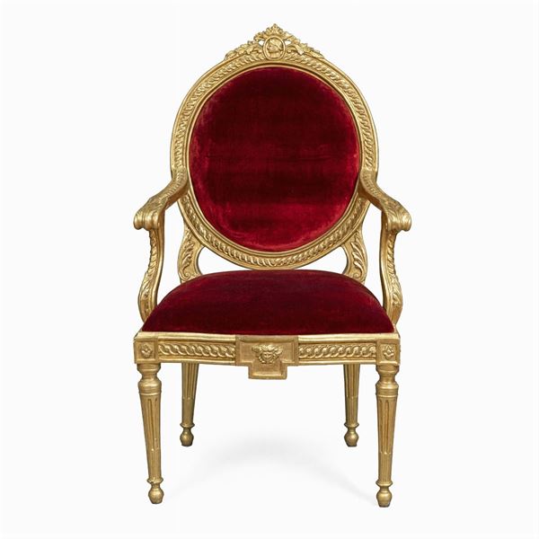 Poltrona in legno dorato ed intagliato  (Italia, XVIII-XIX Sec.)  - Asta Dipinti Antichi, Arredi, Sculture e Oggetti d'Arte - Colasanti Casa d'Aste