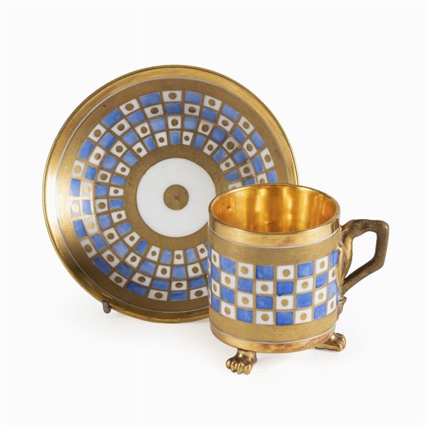 Tazza con piattino in porcellana, manifattura Darte Frères
