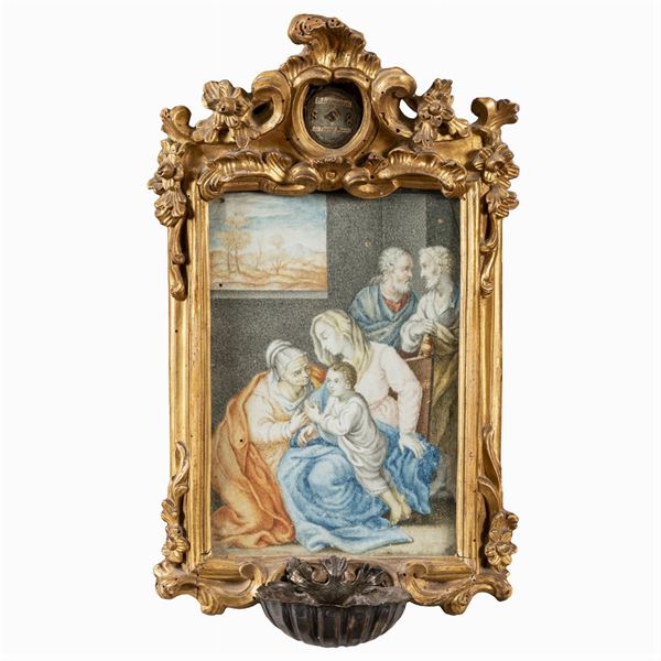 Silver Holy water stoup with gilded and carved wooden frame