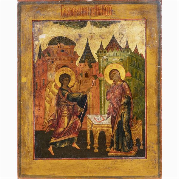 Icona raffigurante l'Annunciazione  (Russia, XIX Sec.)  - Asta Dipinti Antichi, Arredi, Sculture e Oggetti d'Arte - Colasanti Casa d'Aste