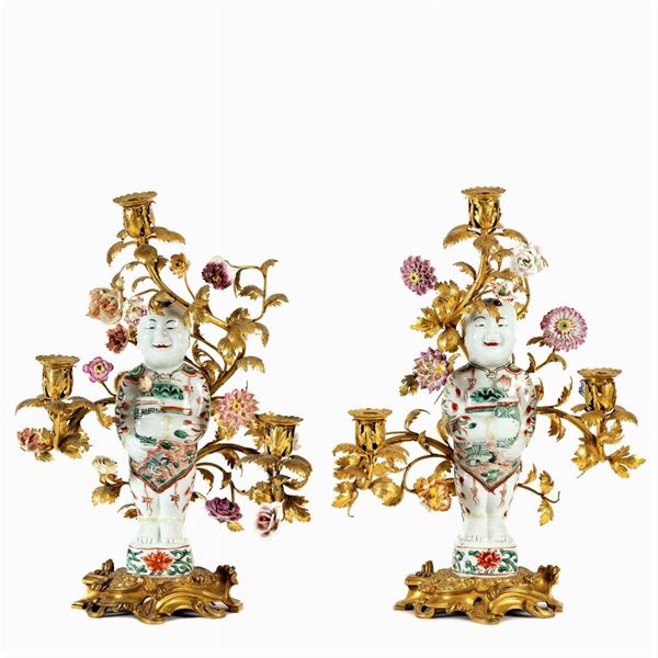 Pair of porcelain and gilded bronze chandeliers