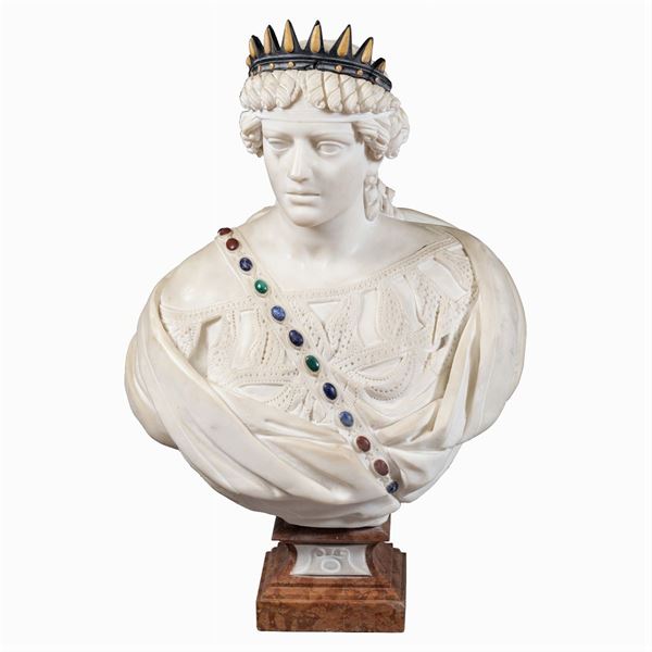Portrait bust in white Carrara marble and polychrome marbles