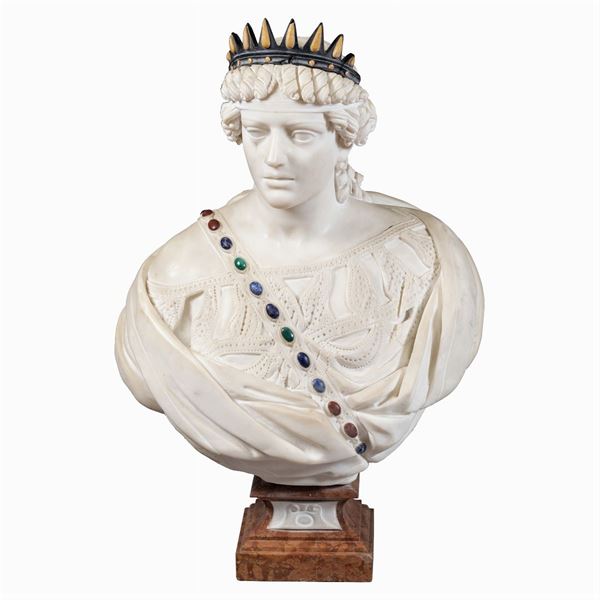 Busto ritratto in marmo bianco di Carrara e marmi policromi