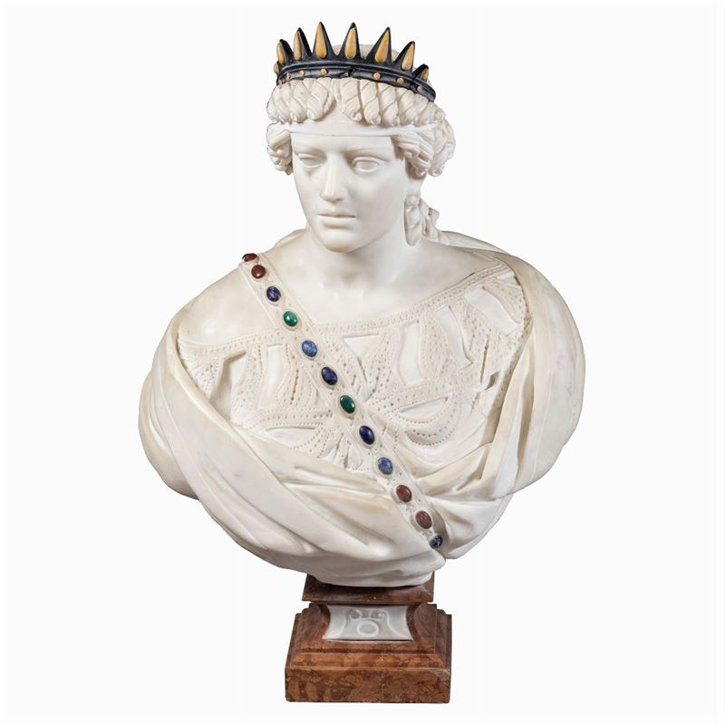 Busto Ritratto in Marmo Bianco di Carrara e Marmi Policromi