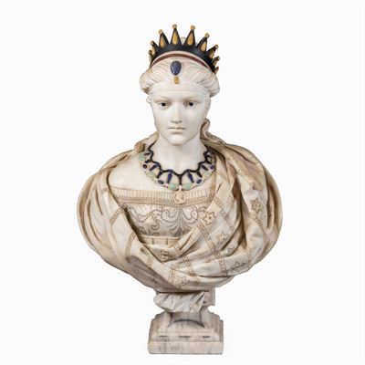 Busto Ritratto in Marmo Bianco di Carrara e Marmi Policromi