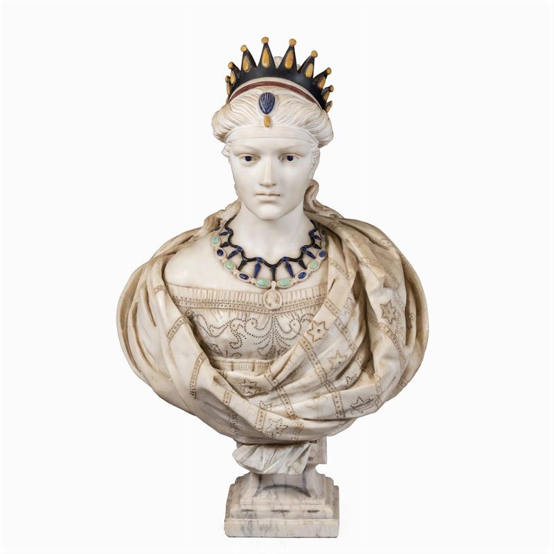 Busto Ritratto in Marmo Bianco di Carrara e Marmi Policromi