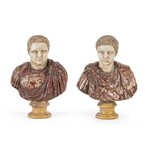 Coppia di busti in marmi policromi  (Italia, XX Sec.)  - Asta Dipinti Antichi, Arredi, Sculture e Oggetti d'Arte - Colasanti Casa d'Aste