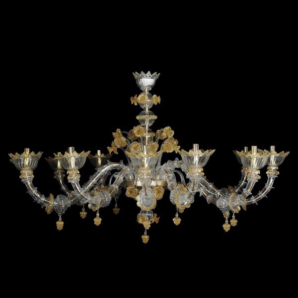 Lampadario Rezzonico a 12 luci in vetro trasparente e oro  (Murano, XX Sec.)  - Asta Dipinti Antichi, Arredi, Sculture e Oggetti d'Arte - Colasanti Casa d'Aste