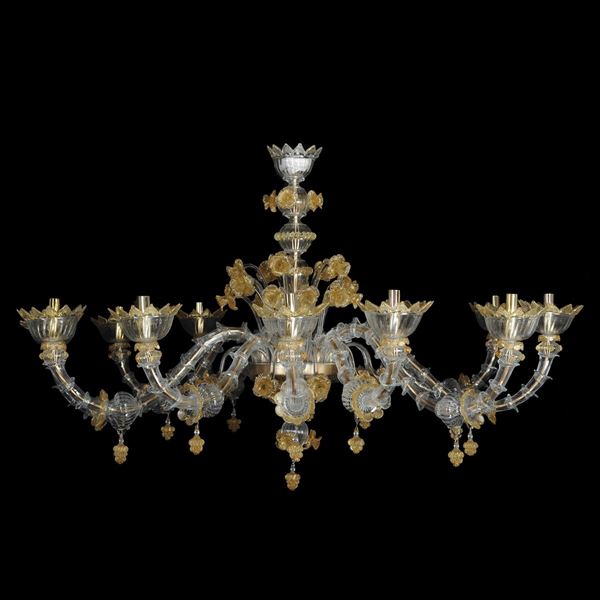 Lampadario Rezzonico a 12 luci in vetro trasparente e oro