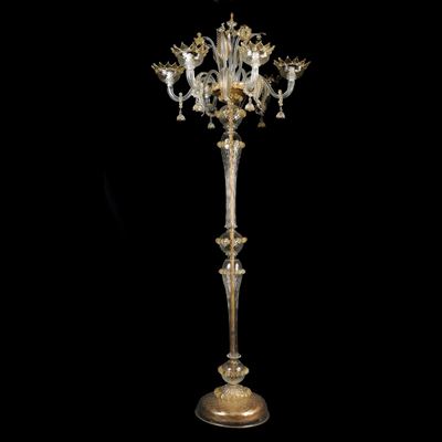 Lampada da Terra a 6 Luci in Vetro Trasparente e Oro