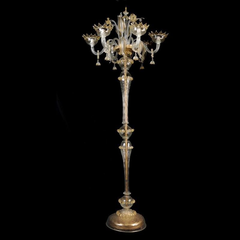Lampada da Terra a 6 Luci in Vetro Trasparente e Oro