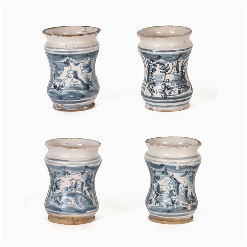 Gruppo di Quattro Albarelli in Maiolica Bianca e Blu