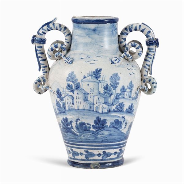 Two-handled painted majolica vase