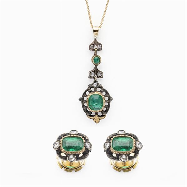 Yellow gold and silver lobe earrings and pendant