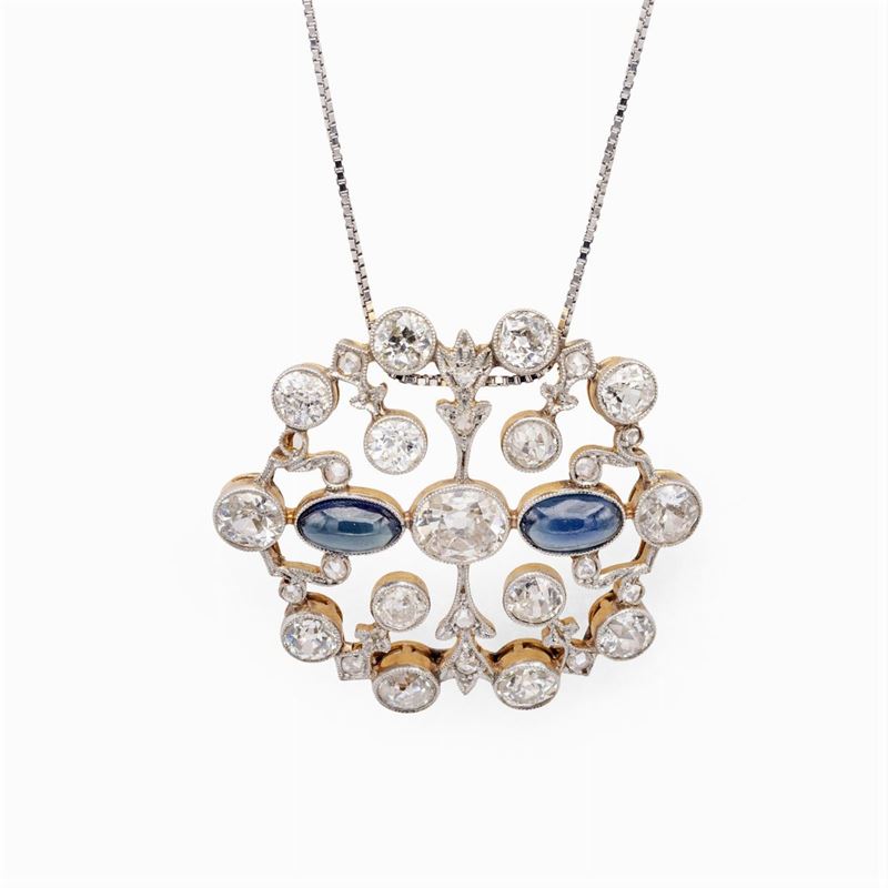 Antico Pendente in Platino e Oro Giallo 14kt con Diamanti e Zaffiri