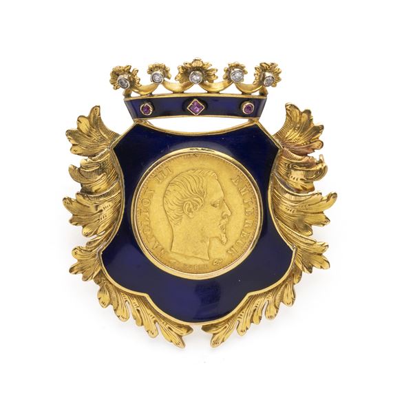 Spilla stemma con moneta 5 franchi Napoleone III