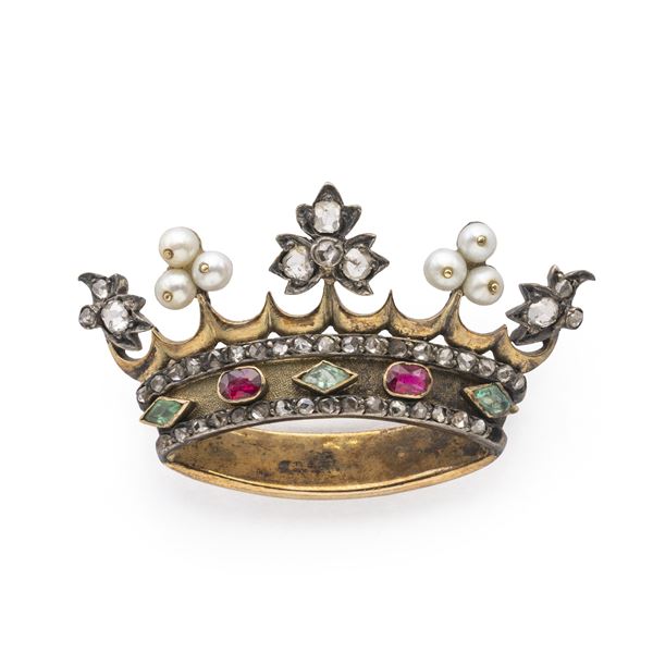 Antica spilla corona in oro giallo e rose diamante