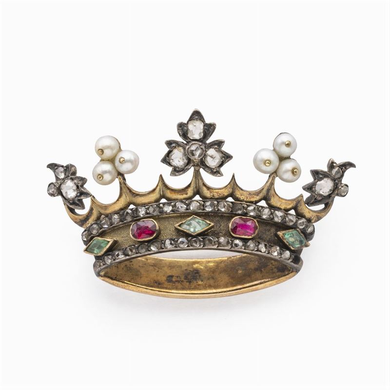 Antica Spilla Corona in Oro Giallo e Rose Diamante