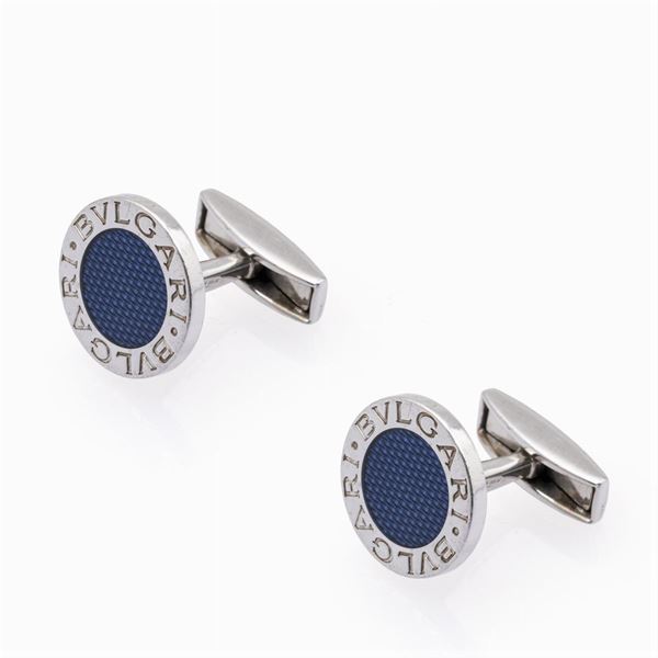Bulgari, round silver and blue guilloché enamel cufflinks