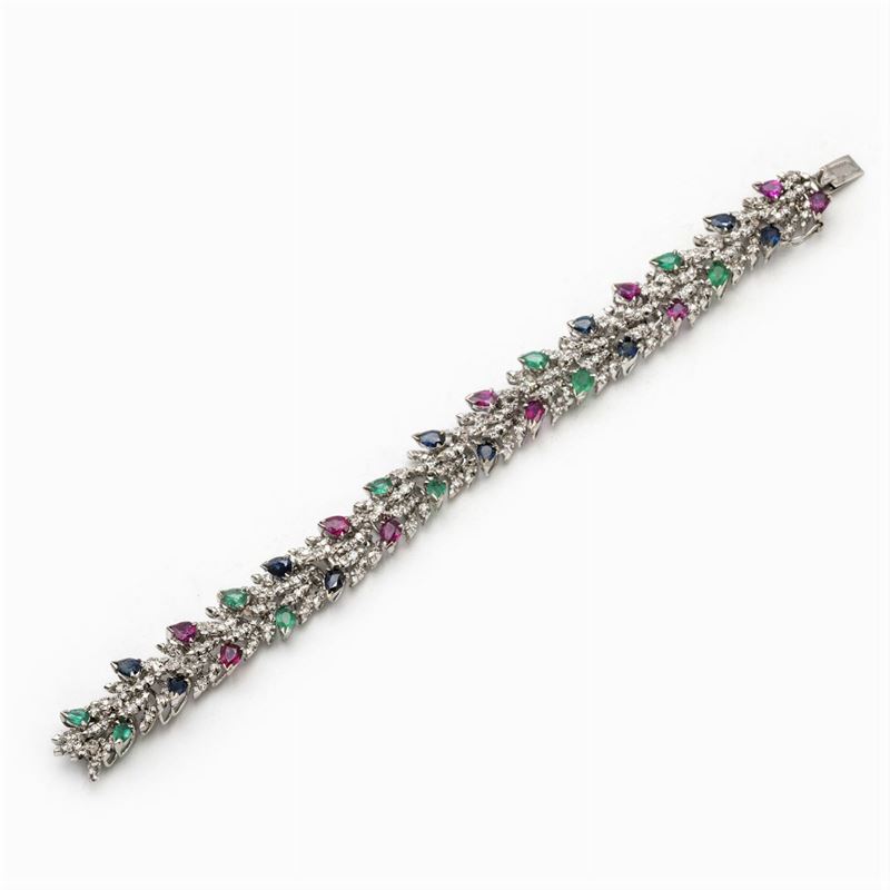Bracciale in Oro Bianco 12kt con Rubini, Zaffiri e Smeraldi
