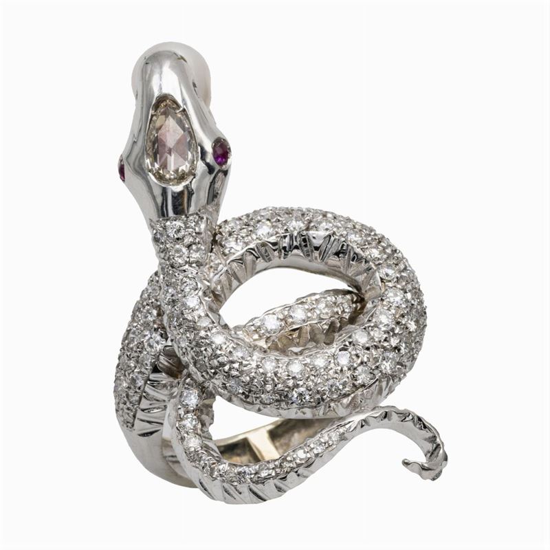 Anello a Serpente in Oro Bianco 14kt e Diamanti