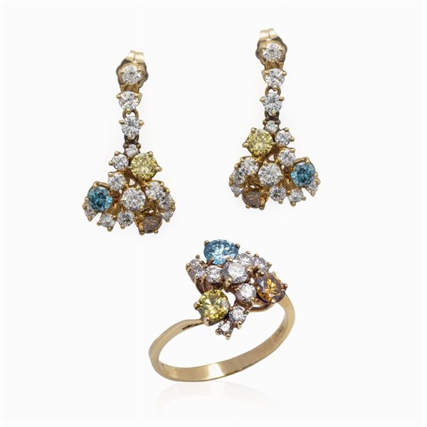 18kt yellow gold, white and fancy color diamonds parure