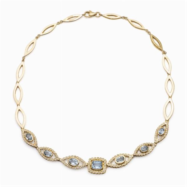 Girocollo in oro giallo 18kt acquamarine e diamanti